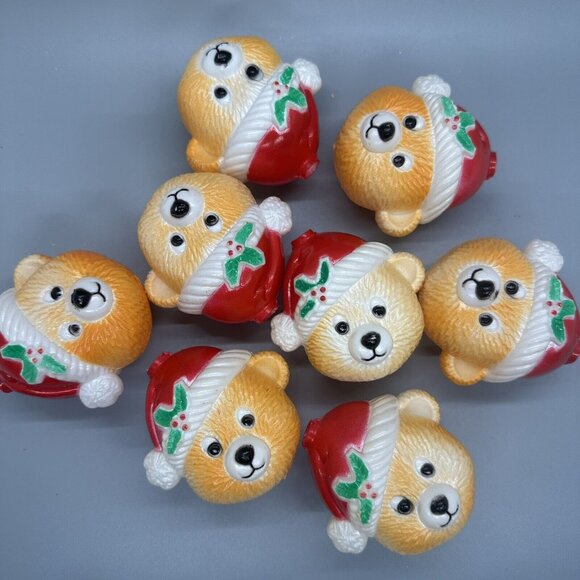Vintage Teddy Bear w/ Santa Hats Christmas Light Covers, Set of 8 Plastic - Picture 1 of 4